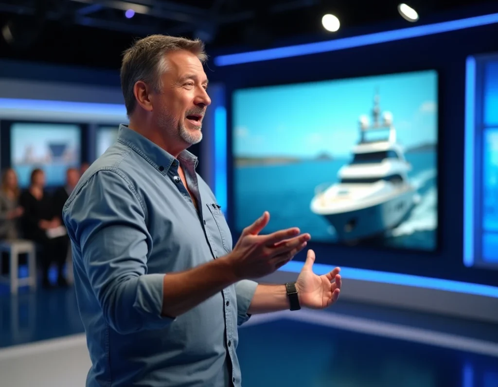 Animateur de télévision en studio présentant un reportage sur un yacht de luxe devant un écran géant