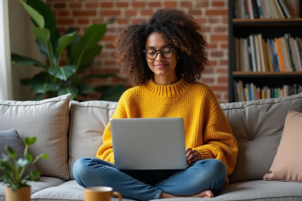 Blogueuse musique électronique travaillant sur la réutilisation de contenus SoundCloud pour son blog depuis son canapé