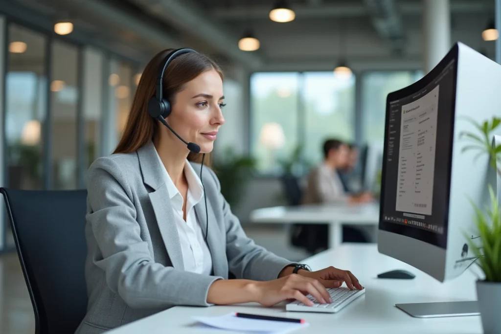 Conseillère du service client en bureau répondant à une réclamation de commande via casque téléphonique et ordinateur