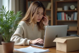 Femme contactant le service client d'un site e-commerce depuis son bureau à domicile avec un ordinateur portable et un bon de commande