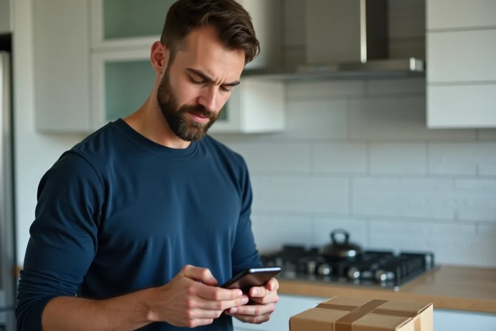 Homme utilisant son smartphone pour contacter le support client d'une boutique en ligne concernant un problème de livraison