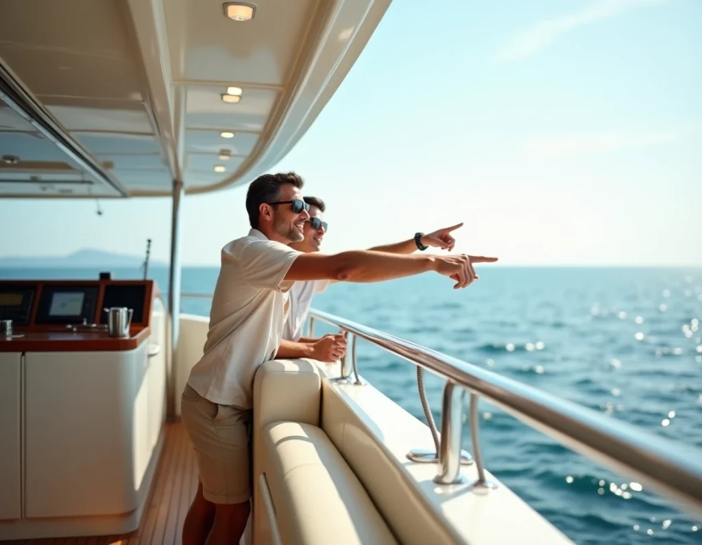 Deux personnes sur le pont supérieur d'un yacht privé avec console de navigation et vue sur la mer ouverte