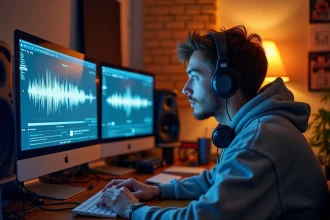 Producteur de musique électronique assis dans son home studio consultant SoundCloud et un blog musical sur deux écrans