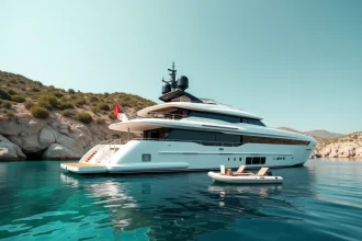 Yacht de luxe moderne ancré dans une baie méditerranéenne turquoise, vue depuis un canot pneumatique