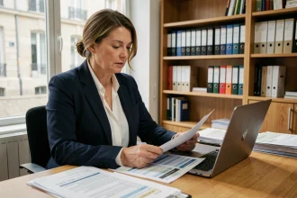 Fonctionnaire territoriale attachée examinant une grille salariale dans un bureau municipal lors de la réforme de la fonction publique territoriale