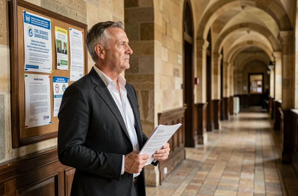 Attaché territorial pensif dans le couloir d'une mairie française devant des affichages sur la réforme de la fonction publique et la grille des carrières