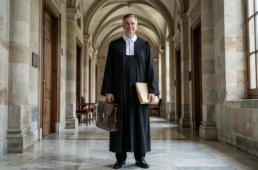 Avocat en robe officielle dans le couloir d'un palais de justice, représentant le barreau de Vichy