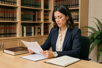 Avocate professionnelle consultant des documents juridiques dans un cabinet d'avocats du barreau de Cusset-Vichy