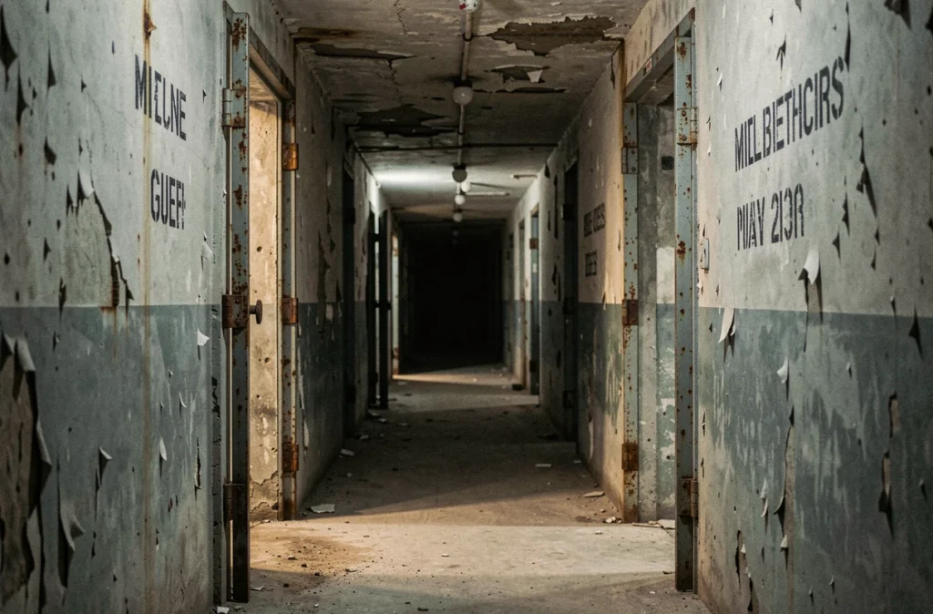 Couloir intérieur abandonné d'un bunker souterrain de la Seconde Guerre mondiale avec portes métalliques rouillées et peinture écaillée