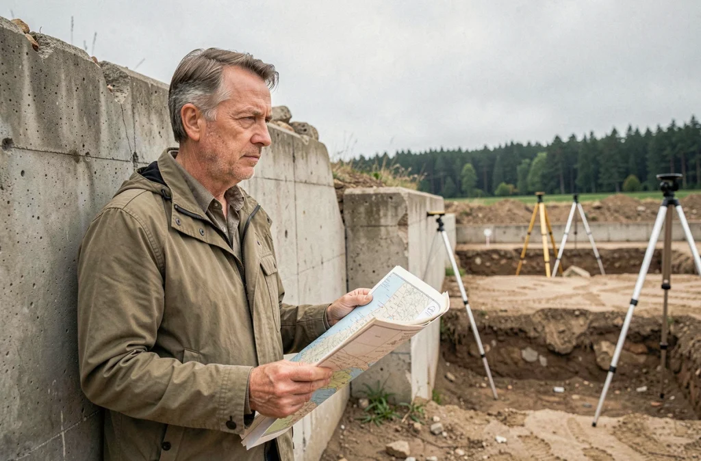 Historien tenant une carte d'archives devant les restes d'un bunker de la Seconde Guerre mondiale lors d'une fouille archéologique en Allemagne