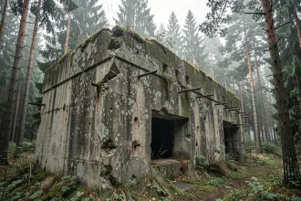 Ruines extérieures d'un bunker en béton de la Seconde Guerre mondiale envahi par la végétation dans une forêt d'Europe centrale