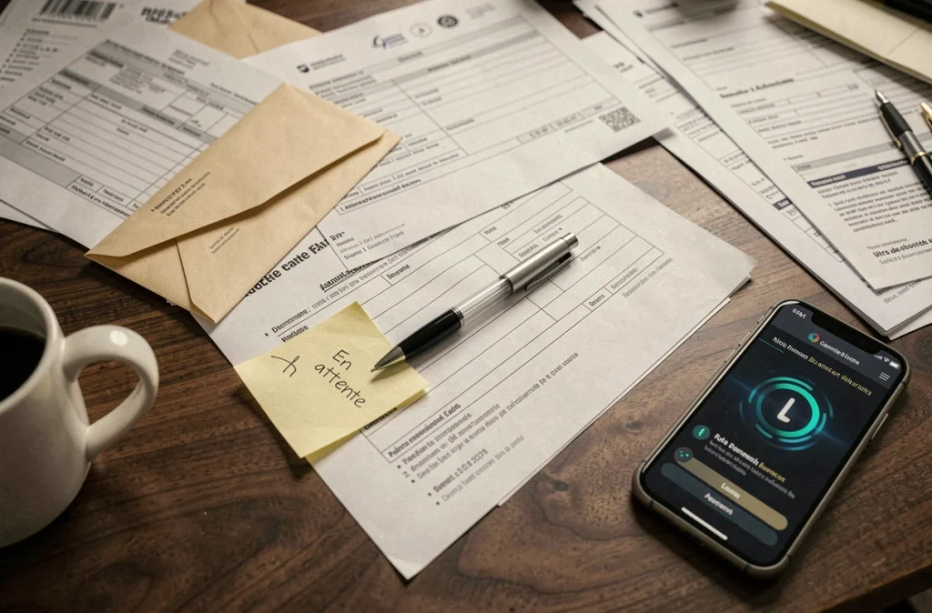 Bureau administratif encombré avec formulaires en attente, note jaune et smartphone affichant un dossier bloqué