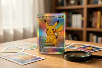 Carte Pokémon Pikachu holographique rare posée sur un bureau de collectionneur avec une loupe et des cartes éparpillées