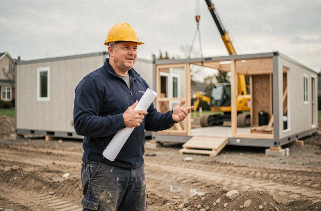 Chef de chantier supervisant l'assemblage de modules préfabriqués d'une maison modulaire en zone périurbaine