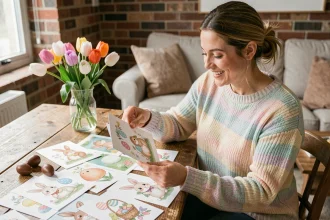 Femme souriante choisissant une image de fête de Pâques parmi des cartes colorées sur une table en bois rustique