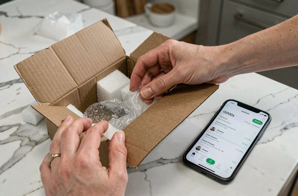Gros plan sur un colis endommagé ouvert sur un comptoir de cuisine avec un smartphone affichant une commande en ligne
