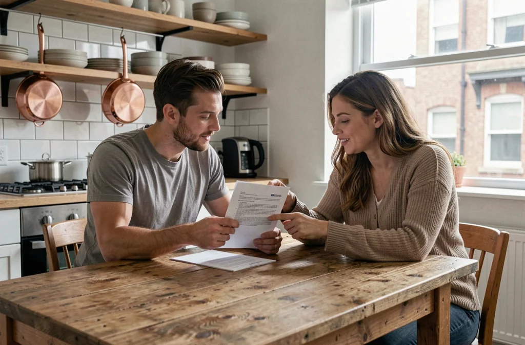 Deux colocataires examinant ensemble un contrat d'assurance habitation dans la cuisine d'un appartement partagé en ville
