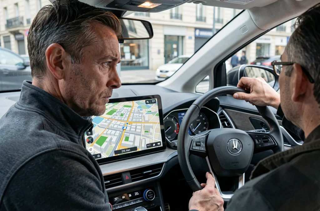 Conducteur consultant une carte de Zone à Faibles Émissions sur l'écran GPS de son véhicule