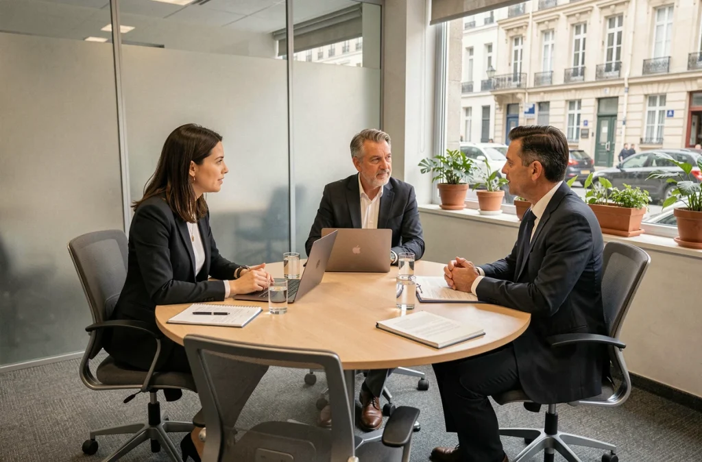 Consultation juridique avec deux avocats du barreau et un client dans une salle de réunion d'un cabinet à Cusset