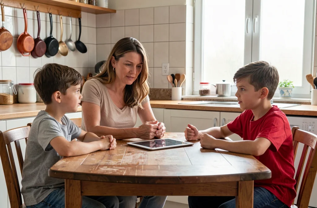 Une mère et ses deux enfants discutent autour d'une tablette posée sur une table de cuisine en bois