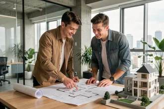 Jeune couple examinant des plans architecturaux dans une agence immobilière moderne pour un achat sur plan