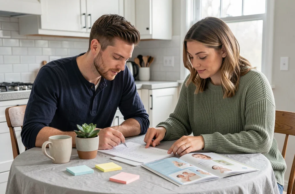 Couple de futurs parents planifiant sereinement l'arrivée de leur deuxième enfant autour d'une table de cuisine