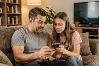 Un père et sa fille adolescente discutent ensemble en regardant un smartphone dans un salon familial chaleureux