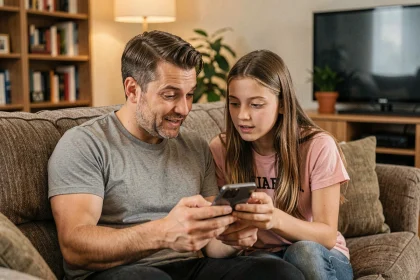 Un père et sa fille adolescente discutent ensemble en regardant un smartphone dans un salon familial chaleureux