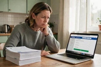 Femme frustrée consultant un dossier administratif bloqué sur son ordinateur portable à la maison