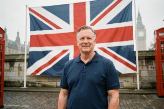 Homme britannique devant le drapeau Union Jack à Londres avec Big Ben en arrière-plan