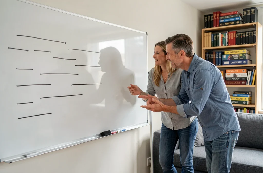 Deux adultes résolvant ensemble un mot difficile au jeu du pendu sur un tableau blanc en appartement