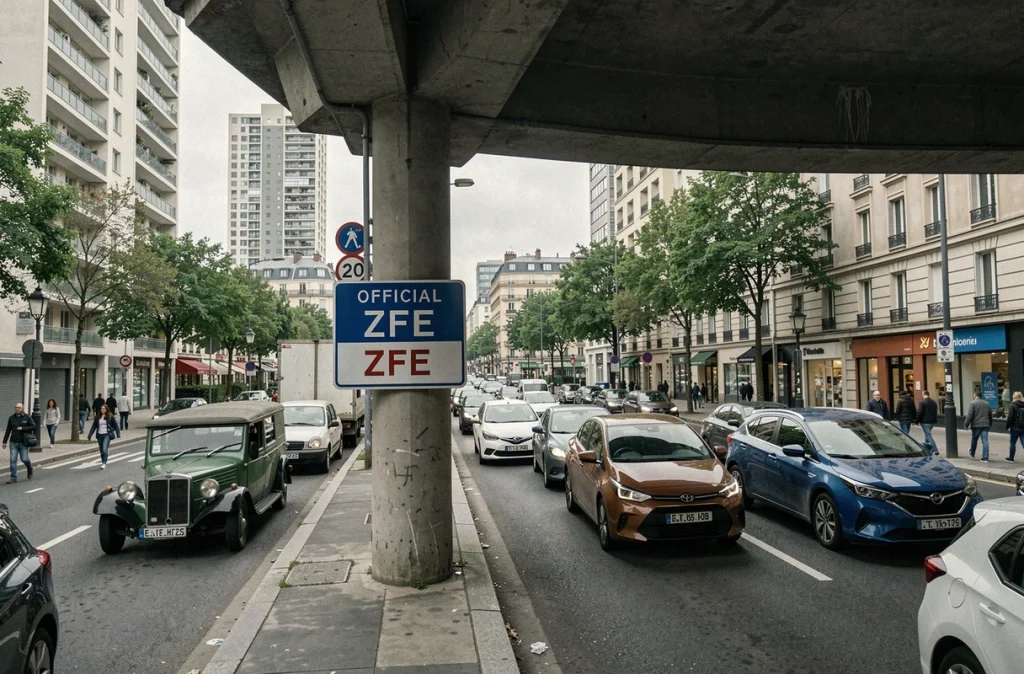 Entrée d'une Zone à Faibles Émissions en ville avec panneau officiel et trafic automobile