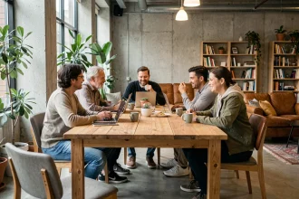 Groupe de résidents adultes réunis dans un espace commun moderne de copropriété autour d'une grande table en bois