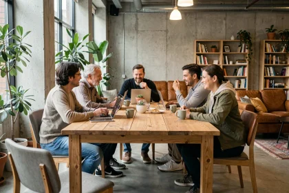 Groupe de résidents adultes réunis dans un espace commun moderne de copropriété autour d'une grande table en bois