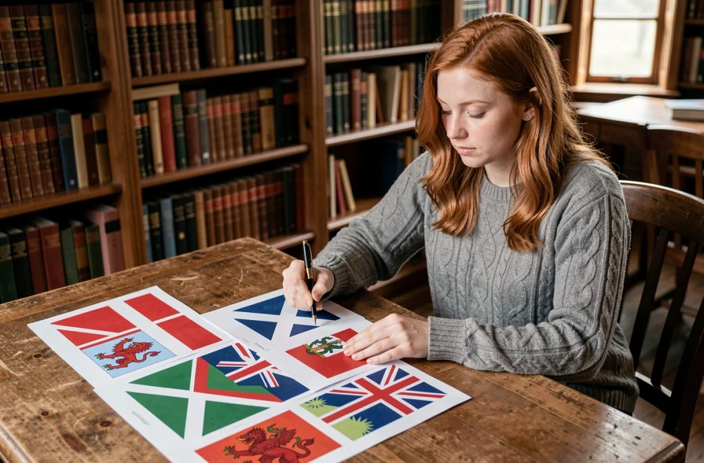 Jeune femme étudiant les drapeaux du Royaume-Uni, Angleterre, Écosse et Pays de Galles dans une bibliothèque