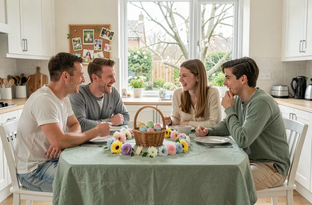 Famille réunie autour d'une table décorée pour Pâques en train de choisir la meilleure image de fête à partager