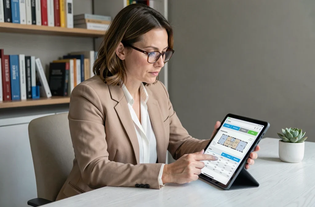 Femme analysant des données financières sur tablette pour planifier un premier investissement immobilier sur plan