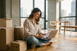 Femme consultant son assurance habitation sur un ordinateur portable dans un appartement moderne en cours d'aménagement avec vue sur la ville