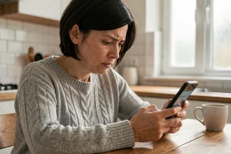 Femme consultant son numéro Lebara sur son smartphone après une portabilité de ligne