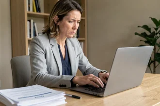 Femme remplissant un formulaire administratif en ligne sur son ordinateur portable pour contacter l'ANTS