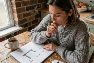 Femme adulte jouant au jeu du pendu sur un bloc-notes à la table de cuisine, ambiance chaleureuse et cosy