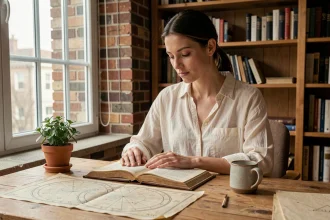 Femme consultant un livre d'astrologie avec une carte des étoiles sur un bureau en bois, signe astrologique du 12 juillet