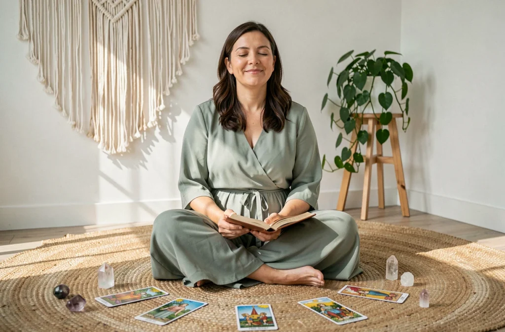 Femme méditant entourée de cartes de tarot et de cristaux sur un tapis en jute, exploration des atouts du signe astrologique du 12 juillet