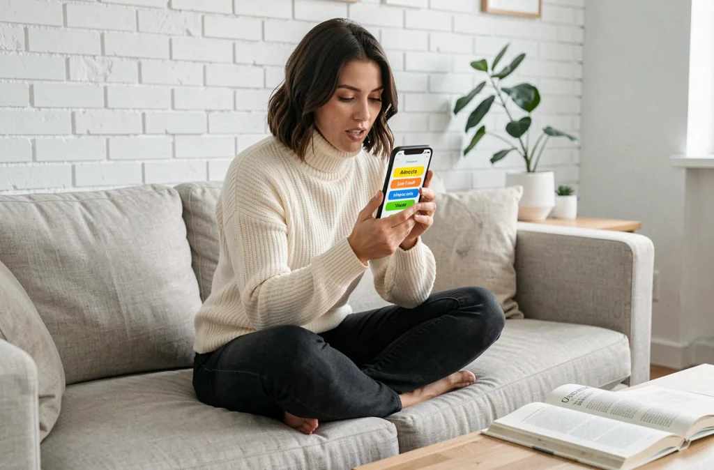 Jeune femme jouant à Pedantix sur smartphone installée dans un salon moderne avec un livre de vocabulaire ouvert sur la table basse