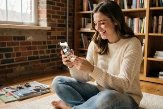 Jeune femme riant en scrollant un fil de réseaux sociaux sur son smartphone dans un appartement cosy