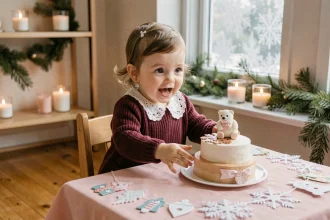 Petite fille en robe bordeaux assise devant un gâteau d'anniversaire décoré sur le thème de l'hiver dans un salon chaleureux