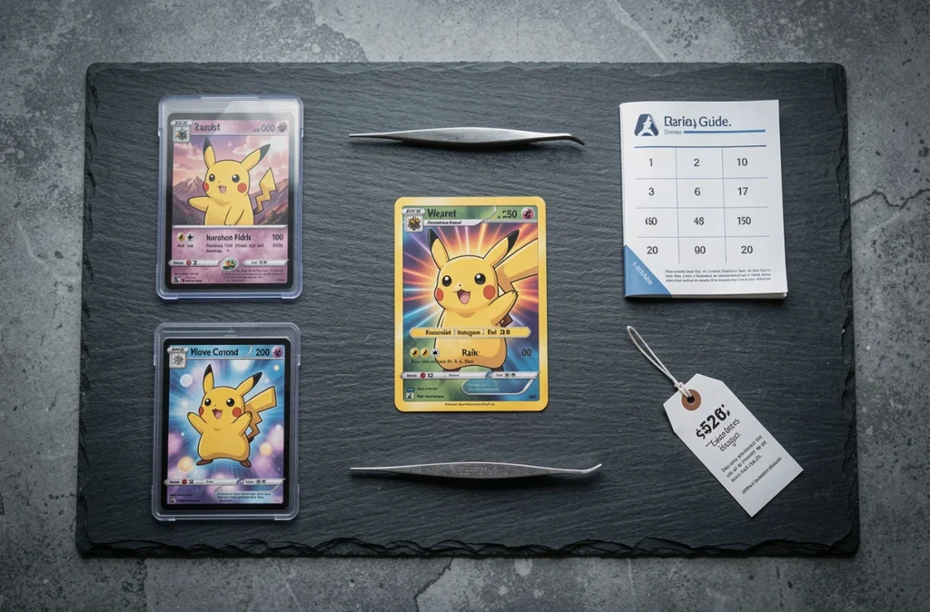 Pose à plat éditoriale d'une carte Pikachu Pokémon rare entourée d'accessoires de collectionneur sur ardoise sombre