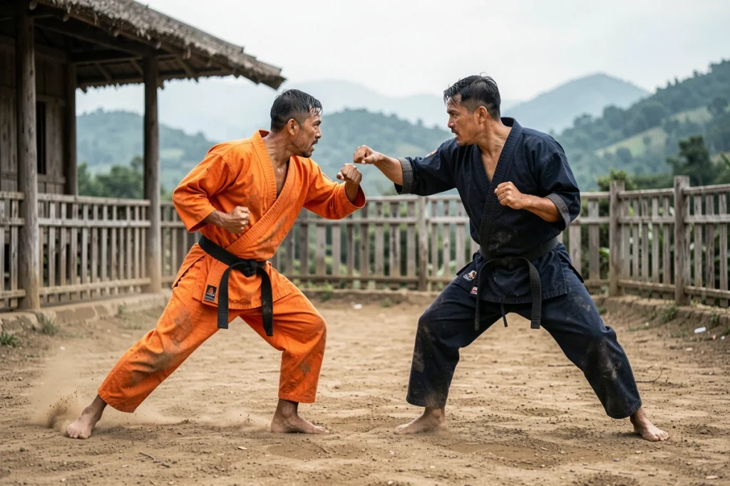 Deux combattants en tenue de arts martiaux s'affrontant dans un dojo extérieur, évoquant les duels emblématiques de la saga Dragon Ball Z