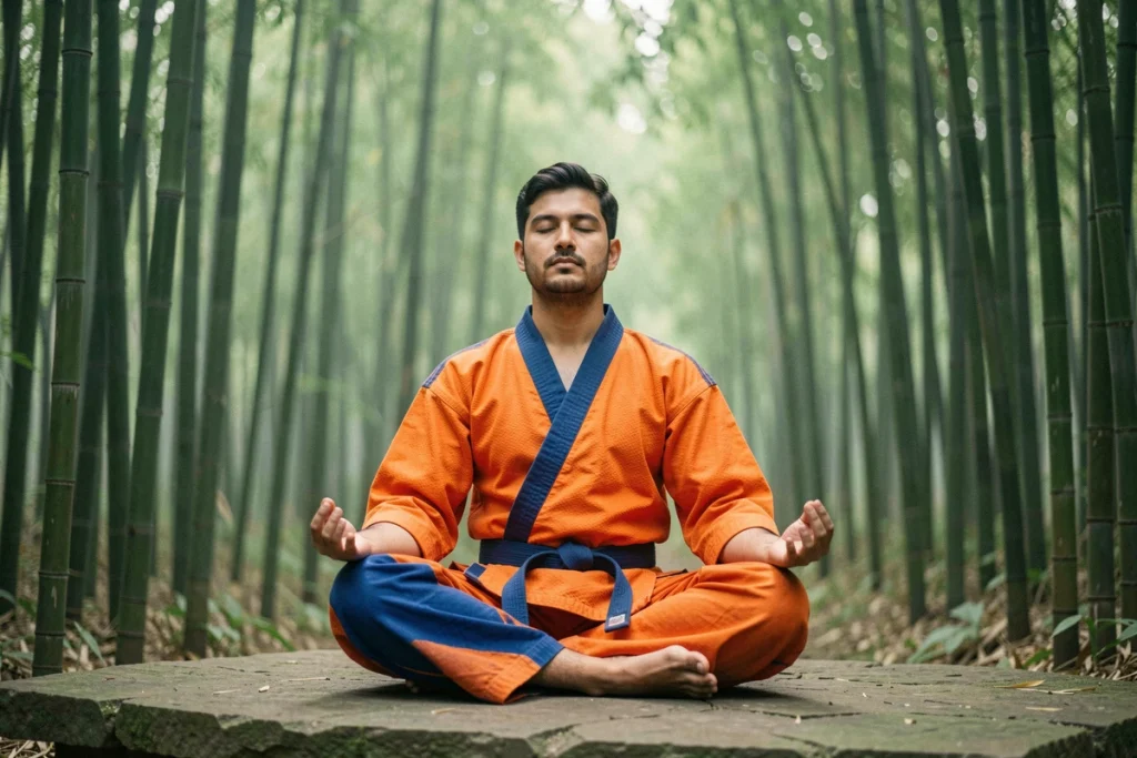 Guerrier en méditation portant une tenue de combat orange dans une forêt de bambous, représentant un moment de contemplation dans la chronologie de Dragon Ball Z