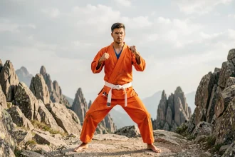 Homme en tenue de karaté orange dans une posture de combat devant un paysage montagneux rocheux, illustrant l'univers chronologique de Goku Z